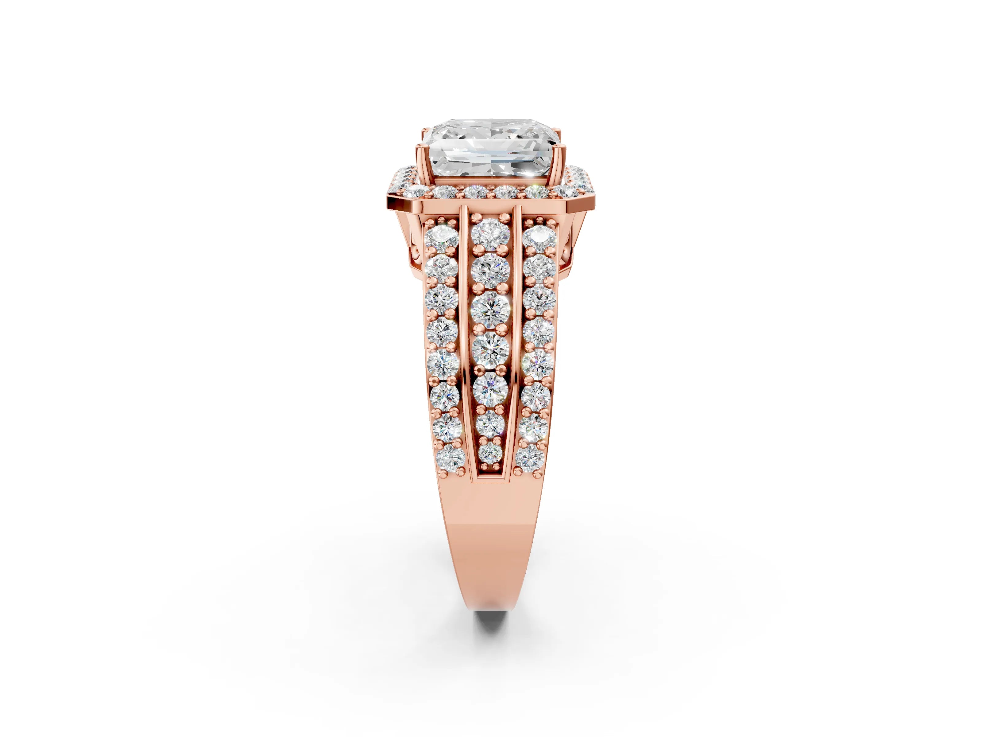 Rose gold Princess Cut Halo Diamond Ring with Round with Moissanite side stone Split Shank and Prong Setting_2