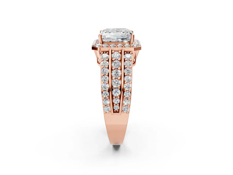Rose gold Princess Cut Halo Diamond Ring with Round with Moissanite side stone Split Shank and Prong Setting_2