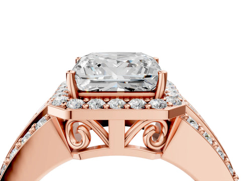Rose gold Princess Cut Halo Diamond Ring with Round with Moissanite side stone Split Shank and Prong Setting_4