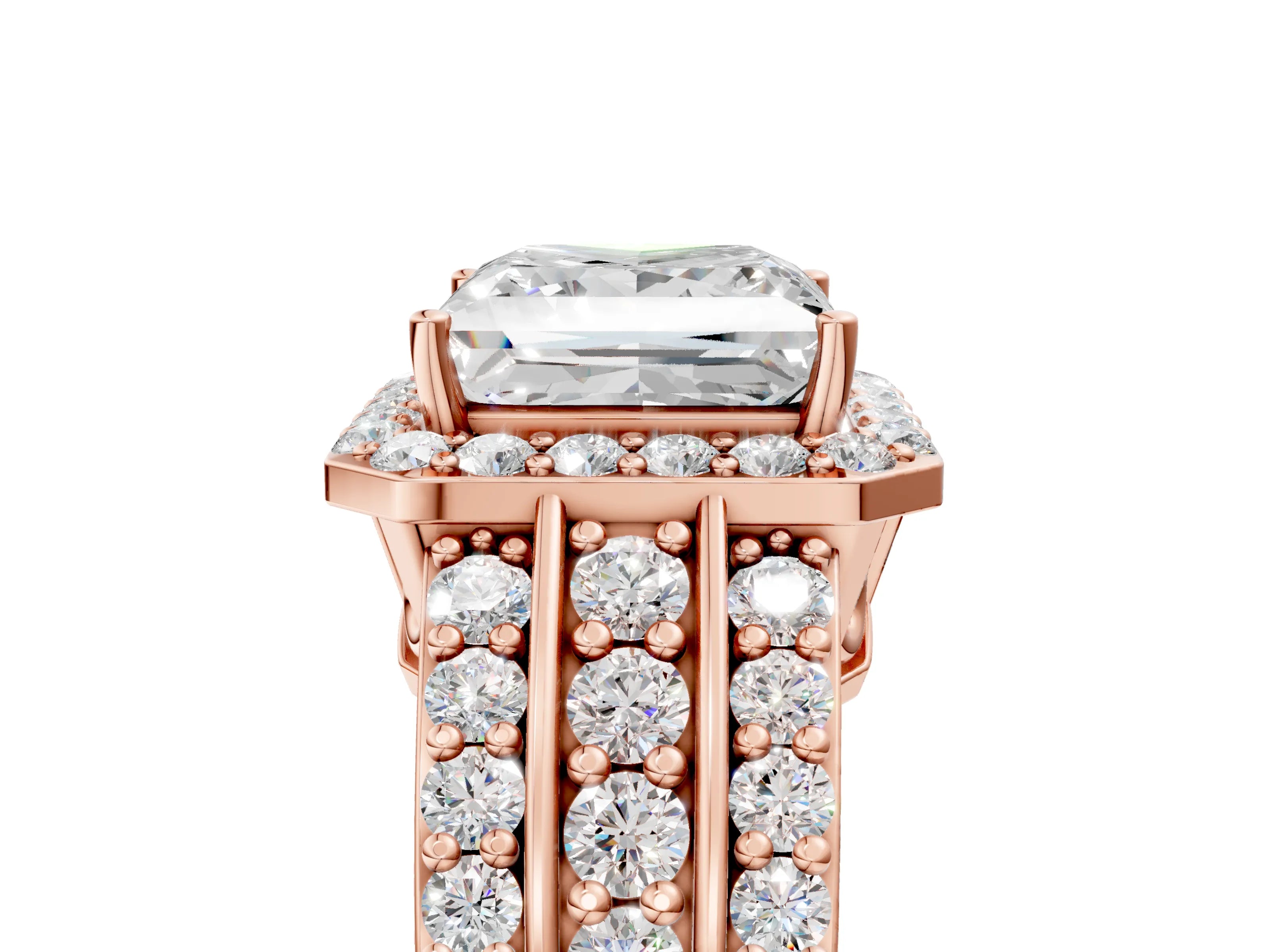 Rose gold Princess Cut Halo Diamond Ring with Round with Moissanite side stone Split Shank and Prong Setting_5