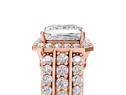 Rose gold Princess Cut Halo Diamond Ring with Round with Moissanite side stone Split Shank and Prong Setting_5