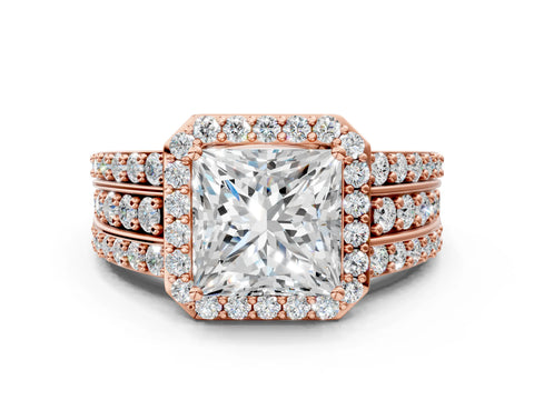 Rose gold Princess Cut Halo Diamond Ring with Round with Moissanite side stone Split Shank and Prong Setting