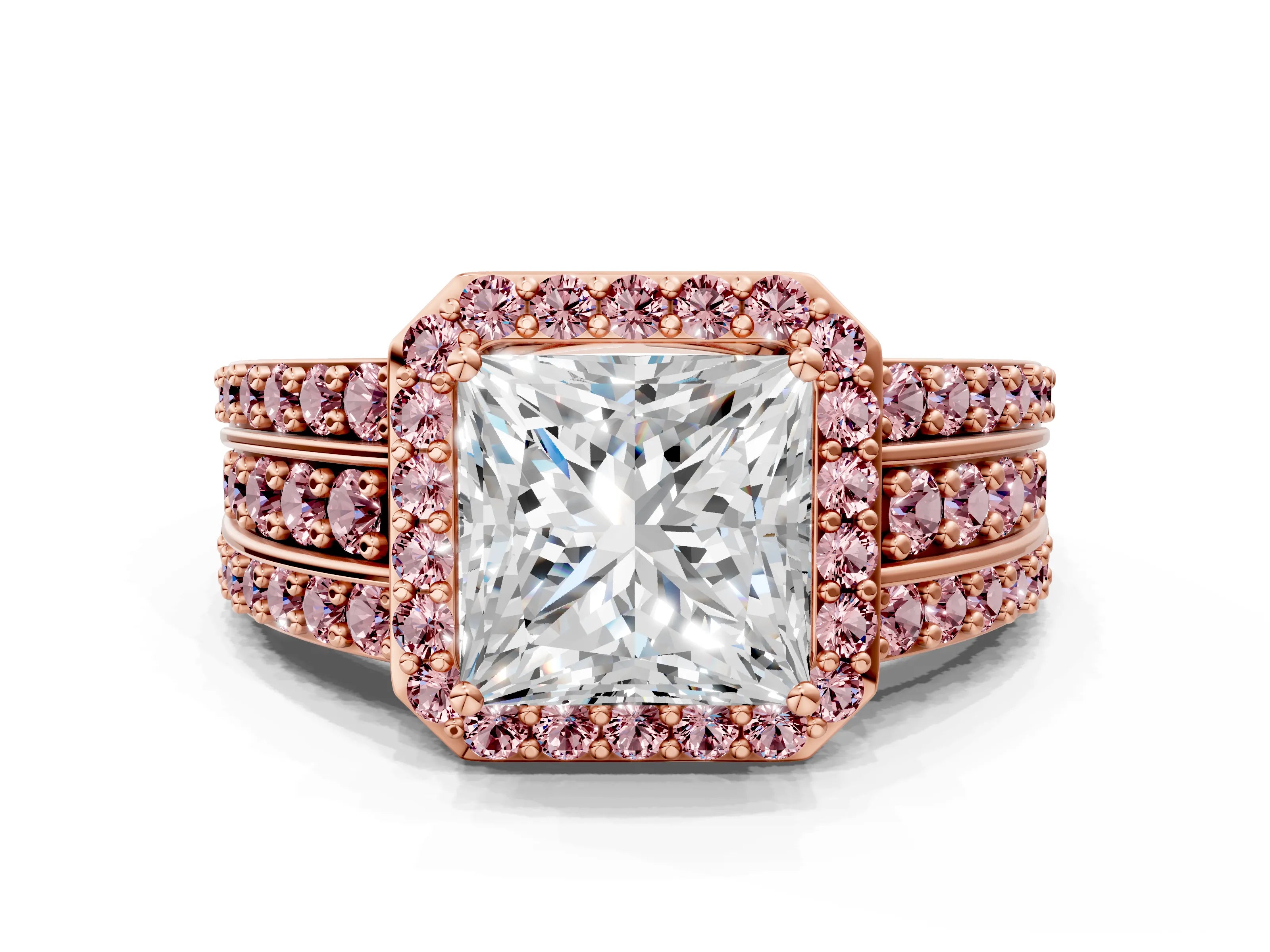 Rose gold Princess Cut Halo Diamond Ring with Round with Morganite side stone Split Shank and Prong Setting