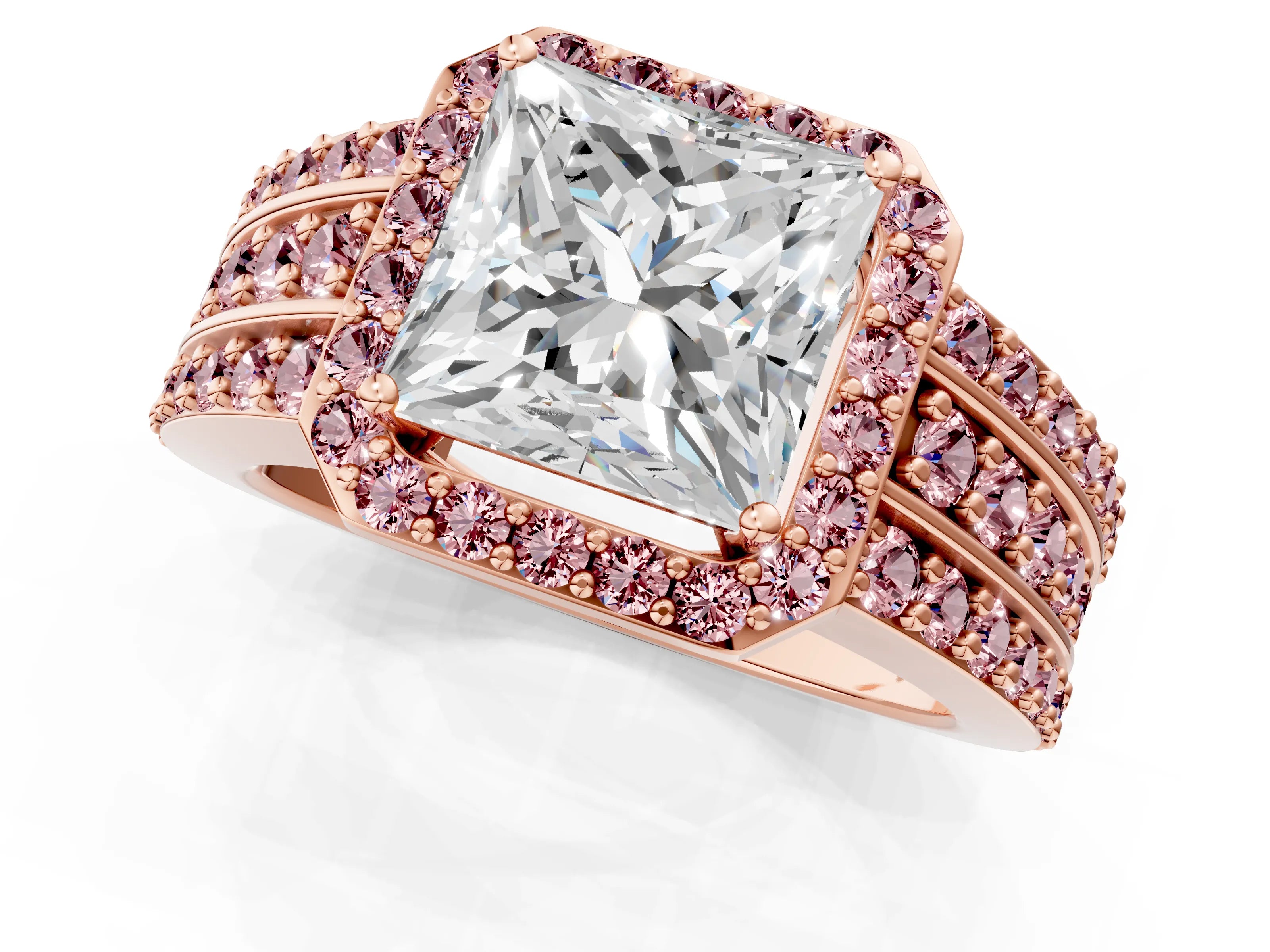 Rose gold Princess Cut Halo Diamond Ring with Round with Morganite side stone Split Shank and Prong Setting_1