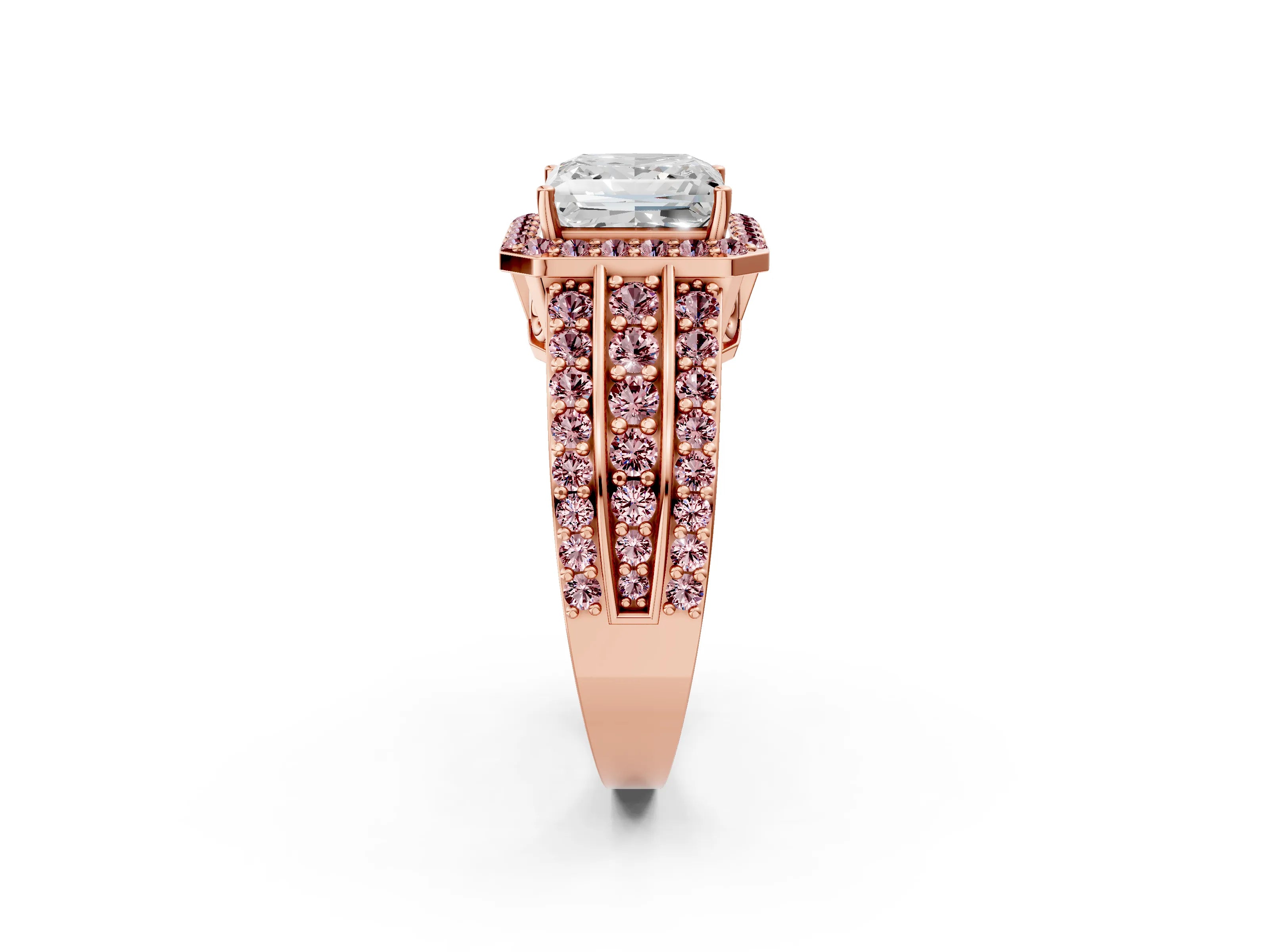 Rose gold Princess Cut Halo Diamond Ring with Round with Morganite side stone Split Shank and Prong Setting_2
