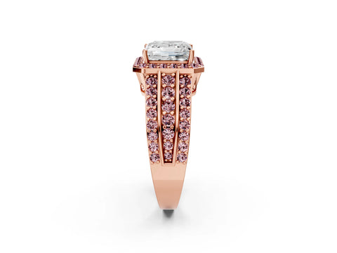 Rose gold Princess Cut Halo Diamond Ring with Round with Morganite side stone Split Shank and Prong Setting_2