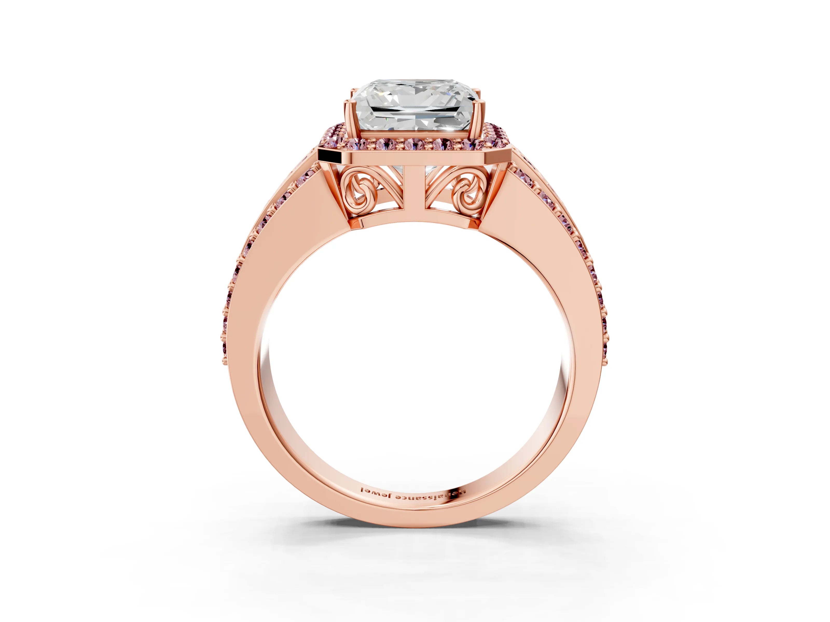 Rose gold Princess Cut Halo Diamond Ring with Round with Morganite side stone Split Shank and Prong Setting_3