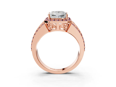 Rose gold Princess Cut Halo Diamond Ring with Round with Morganite side stone Split Shank and Prong Setting_3