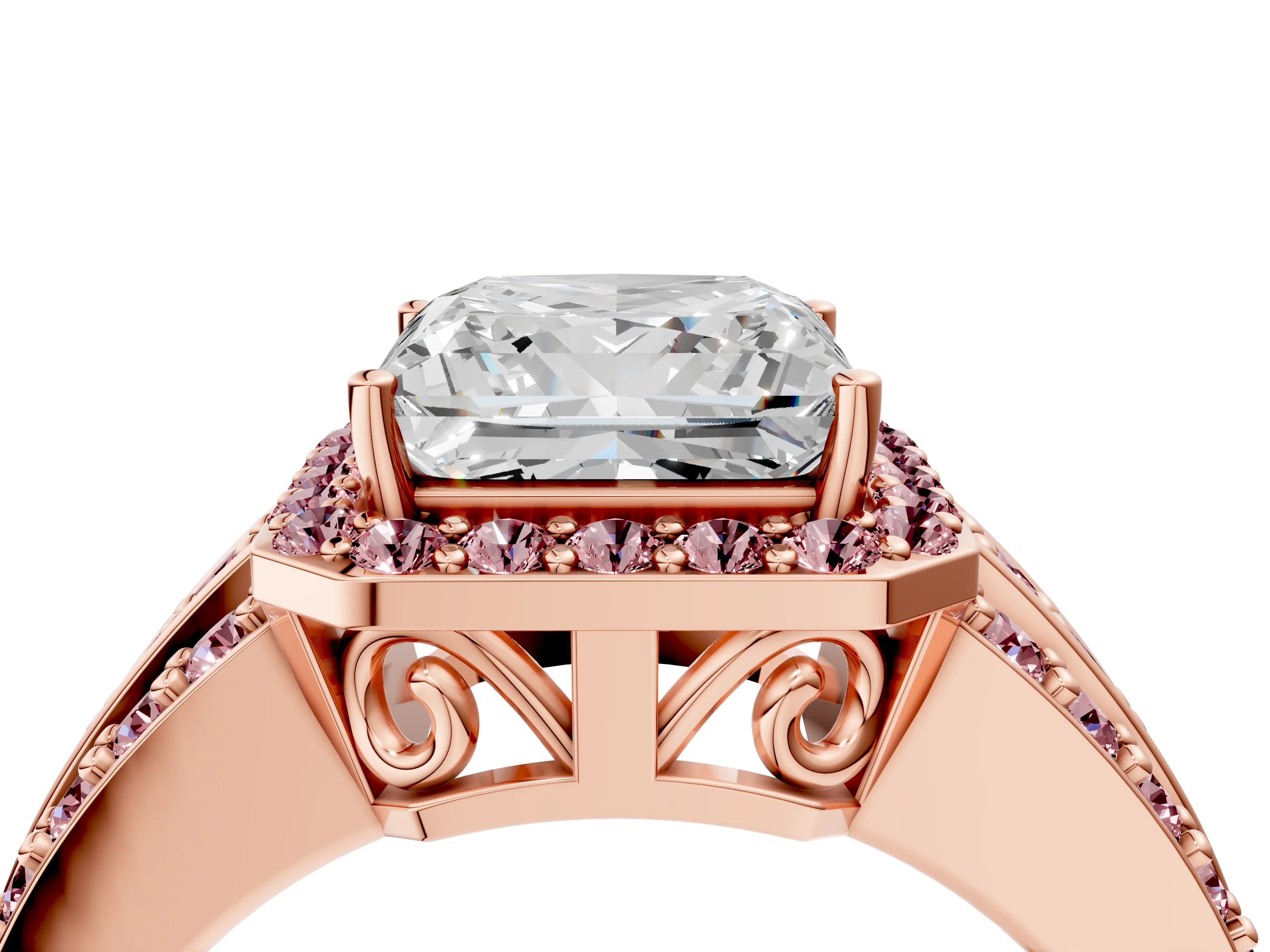 Rose gold Princess Cut Halo Diamond Ring with Round with Morganite side stone Split Shank and Prong Setting_4