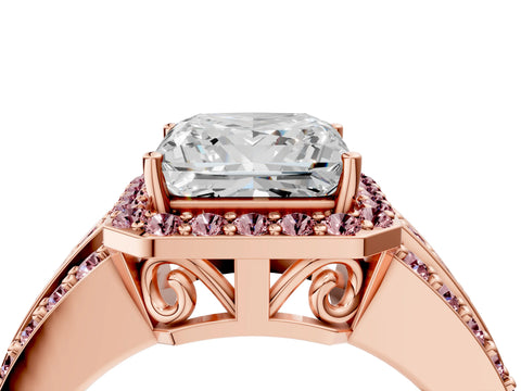 Rose gold Princess Cut Halo Diamond Ring with Round with Morganite side stone Split Shank and Prong Setting_4