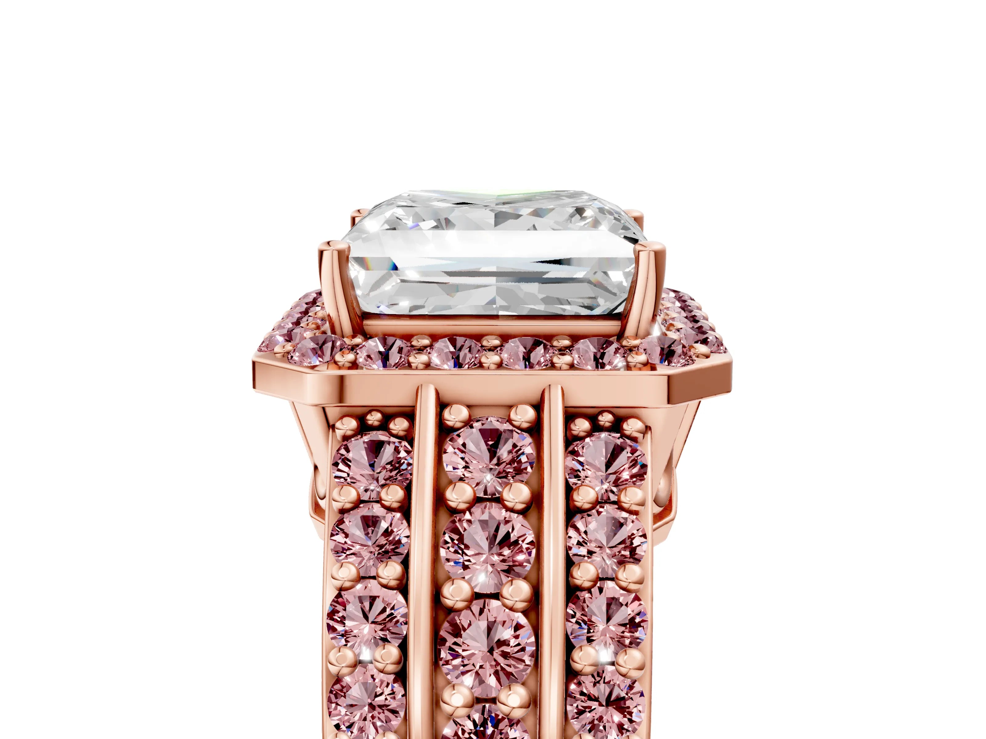 Rose gold Princess Cut Halo Diamond Ring with Round with Morganite side stone Split Shank and Prong Setting_5