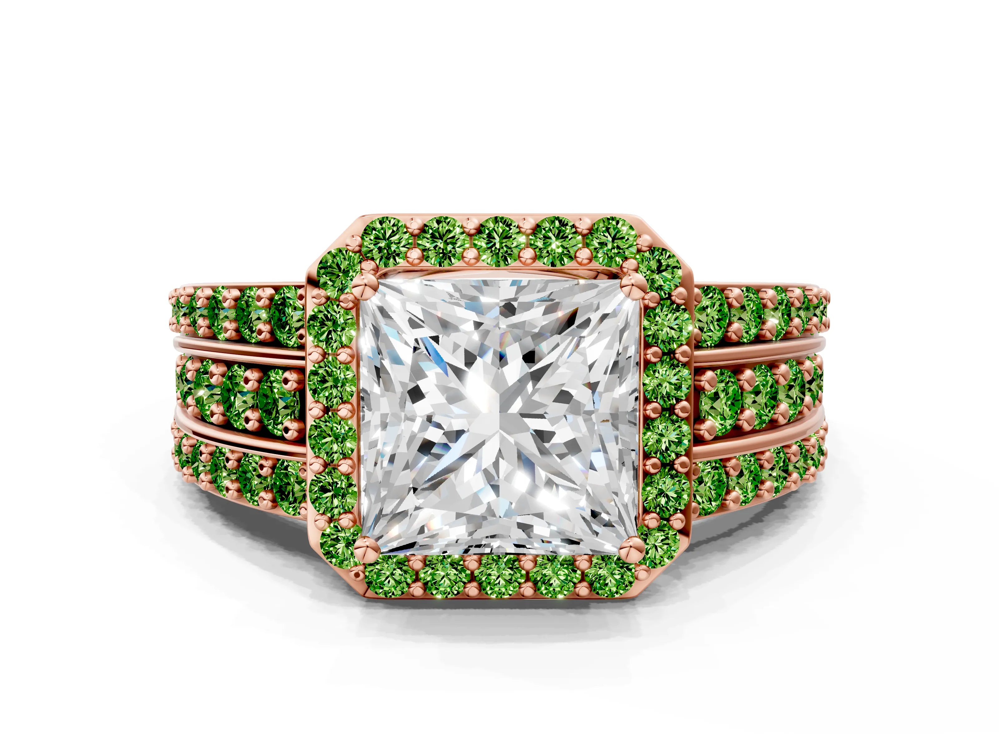 Rose gold Princess Cut Halo Diamond Ring with Round with Peridot side stone Split Shank and Prong Setting