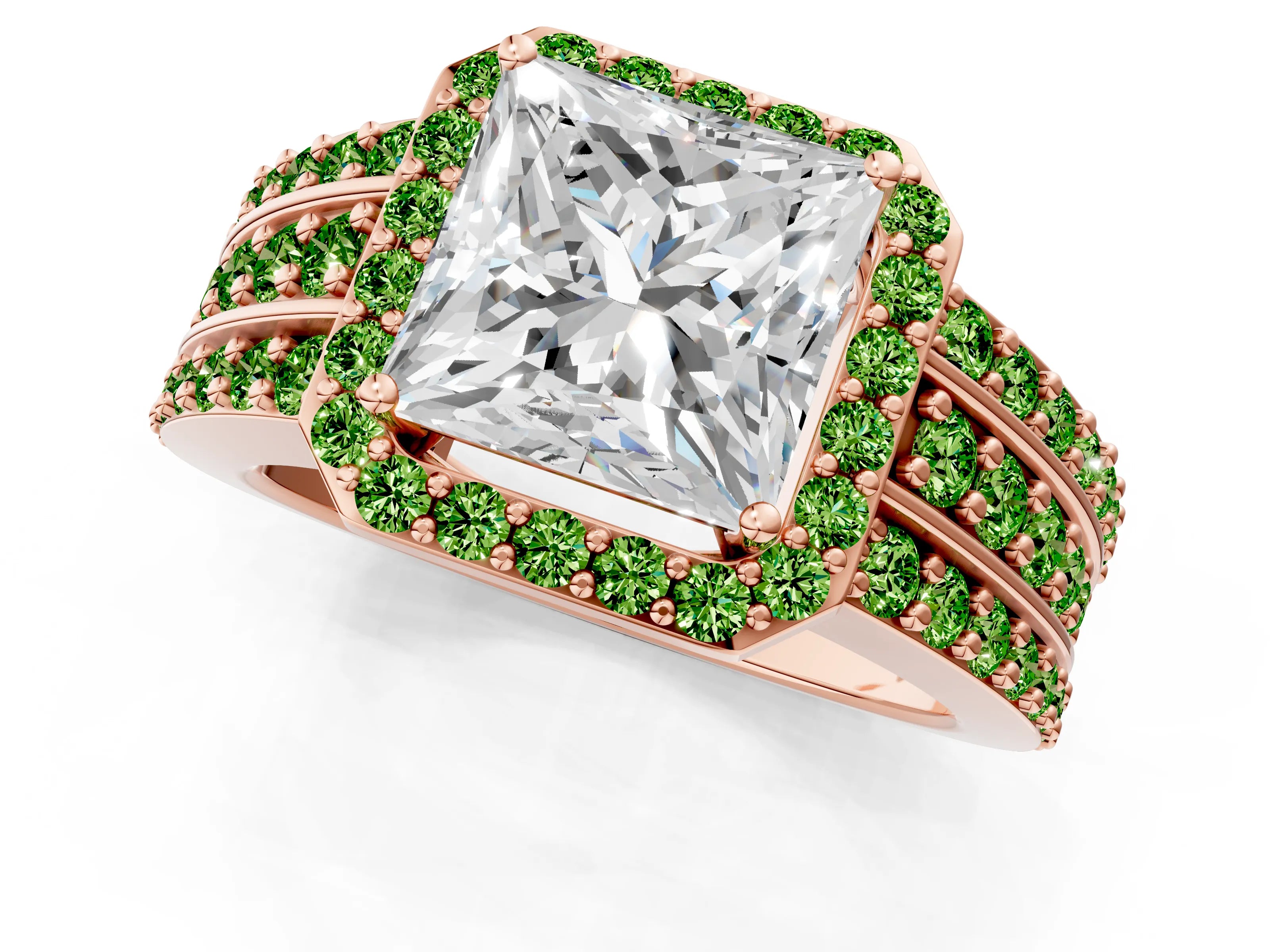 Rose gold Princess Cut Halo Diamond Ring with Round with Peridot side stone Split Shank and Prong Setting_1