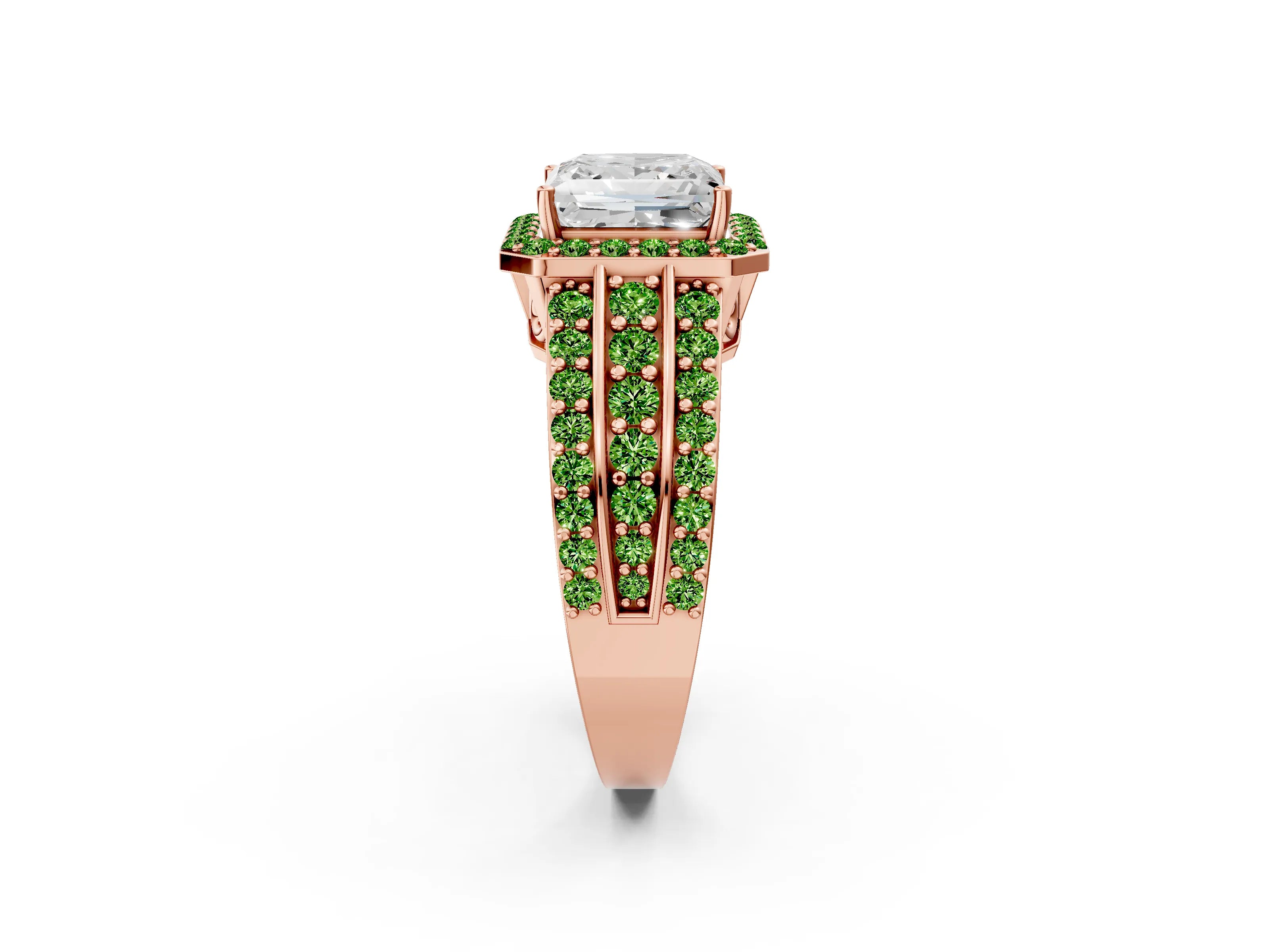 Rose gold Princess Cut Halo Diamond Ring with Round with Peridot side stone Split Shank and Prong Setting_2