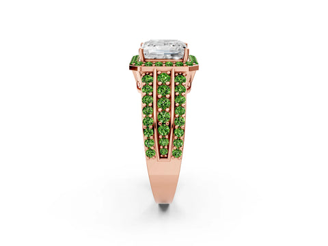 Rose gold Princess Cut Halo Diamond Ring with Round with Peridot side stone Split Shank and Prong Setting_2