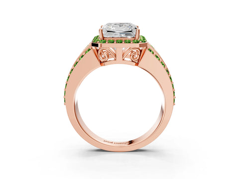 Rose gold Princess Cut Halo Diamond Ring with Round with Peridot side stone Split Shank and Prong Setting_3