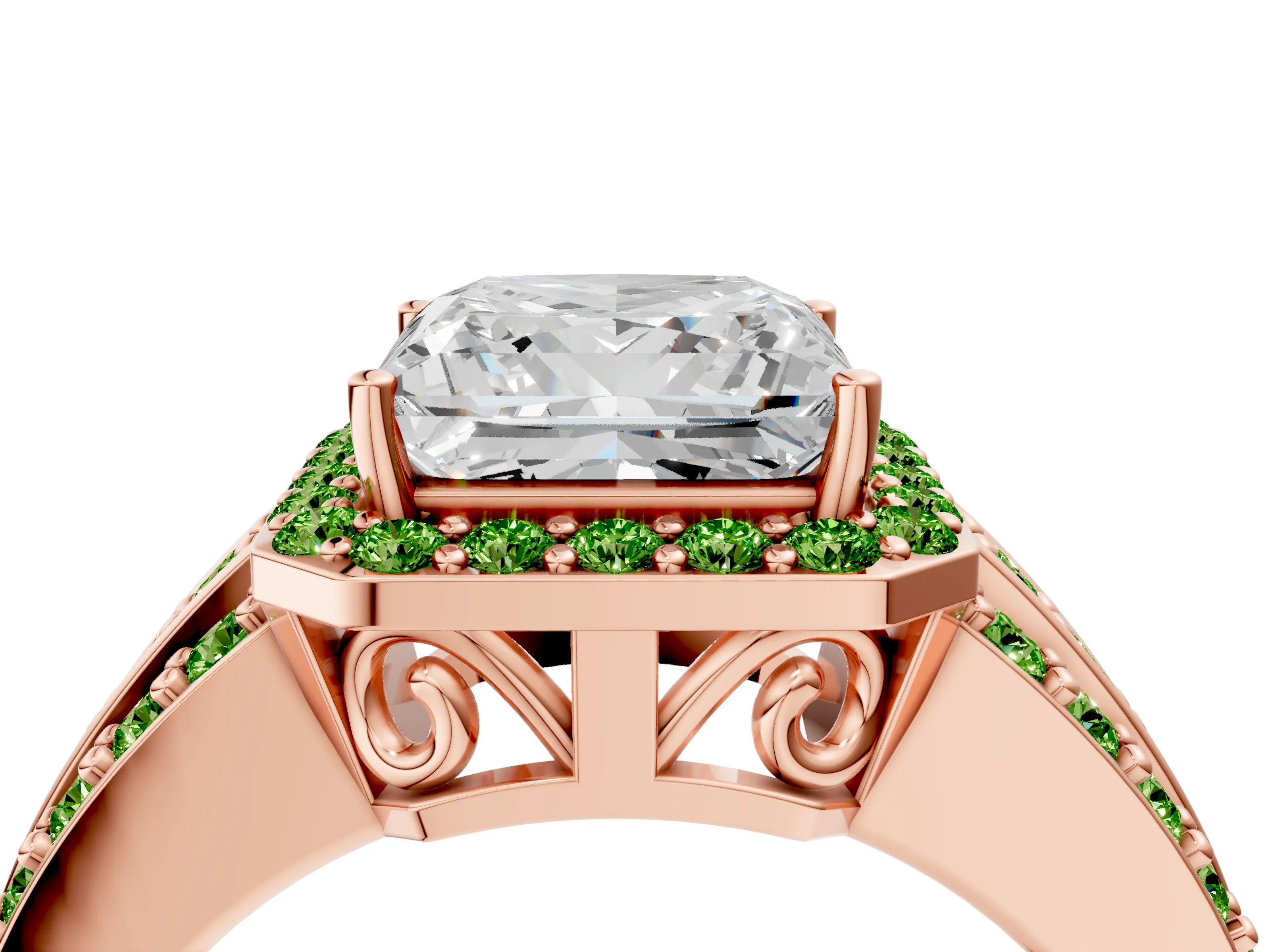 Rose gold Princess Cut Halo Diamond Ring with Round with Peridot side stone Split Shank and Prong Setting_4