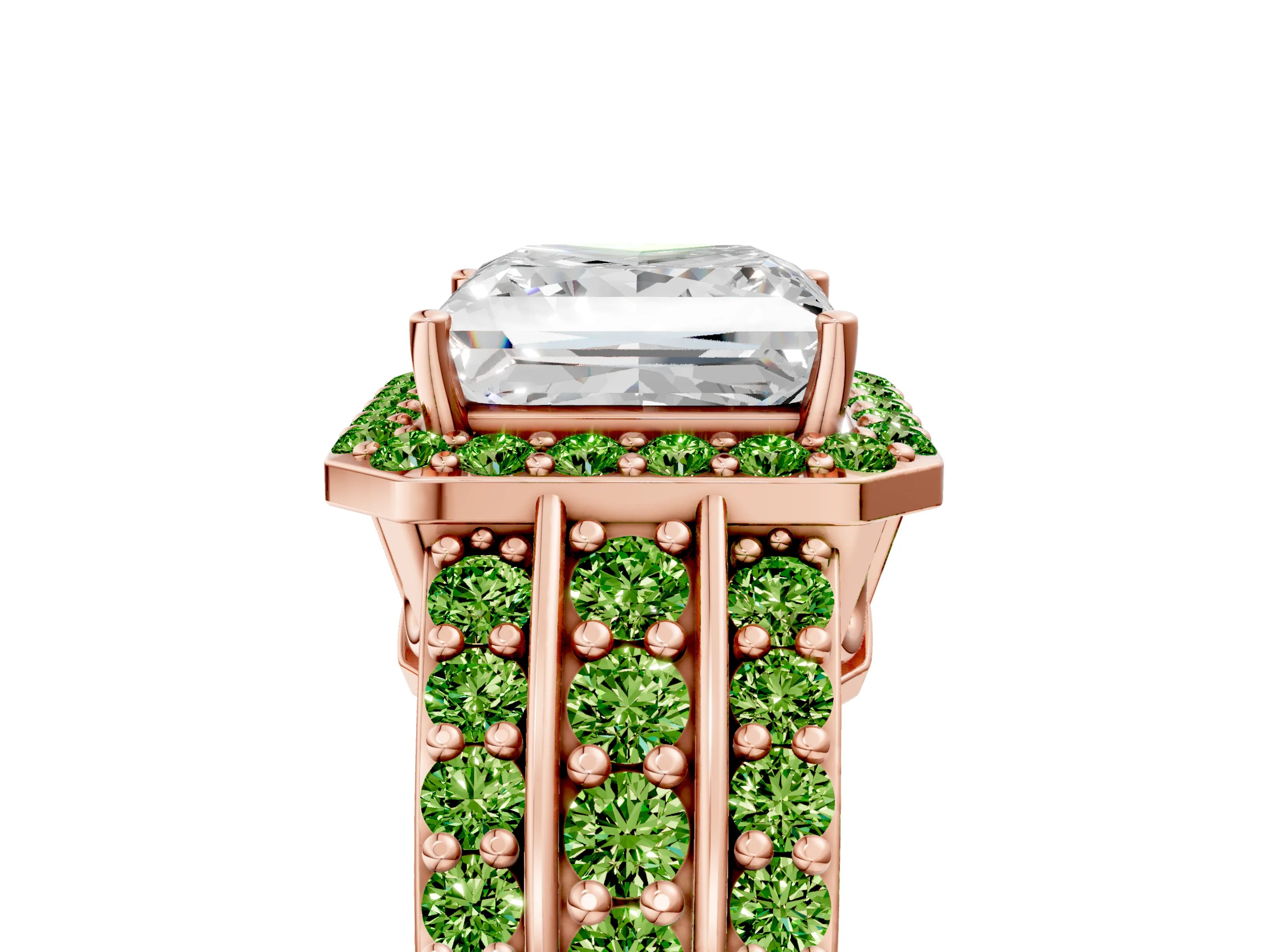 Rose gold Princess Cut Halo Diamond Ring with Round with Peridot side stone Split Shank and Prong Setting_5