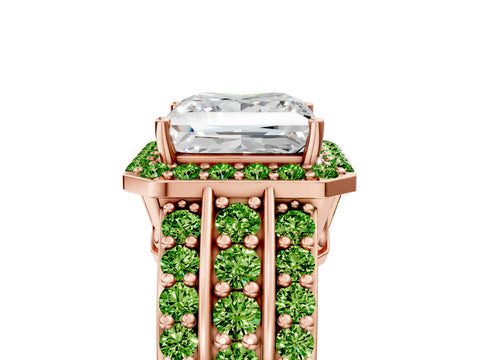 Rose gold Princess Cut Halo Diamond Ring with Round with Peridot side stone Split Shank and Prong Setting_5