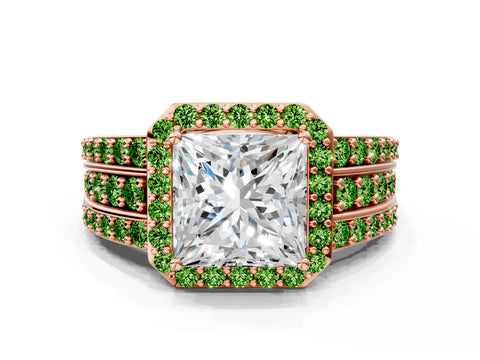 Rose gold Princess Cut Halo Diamond Ring with Round with Peridot side stone Split Shank and Prong Setting