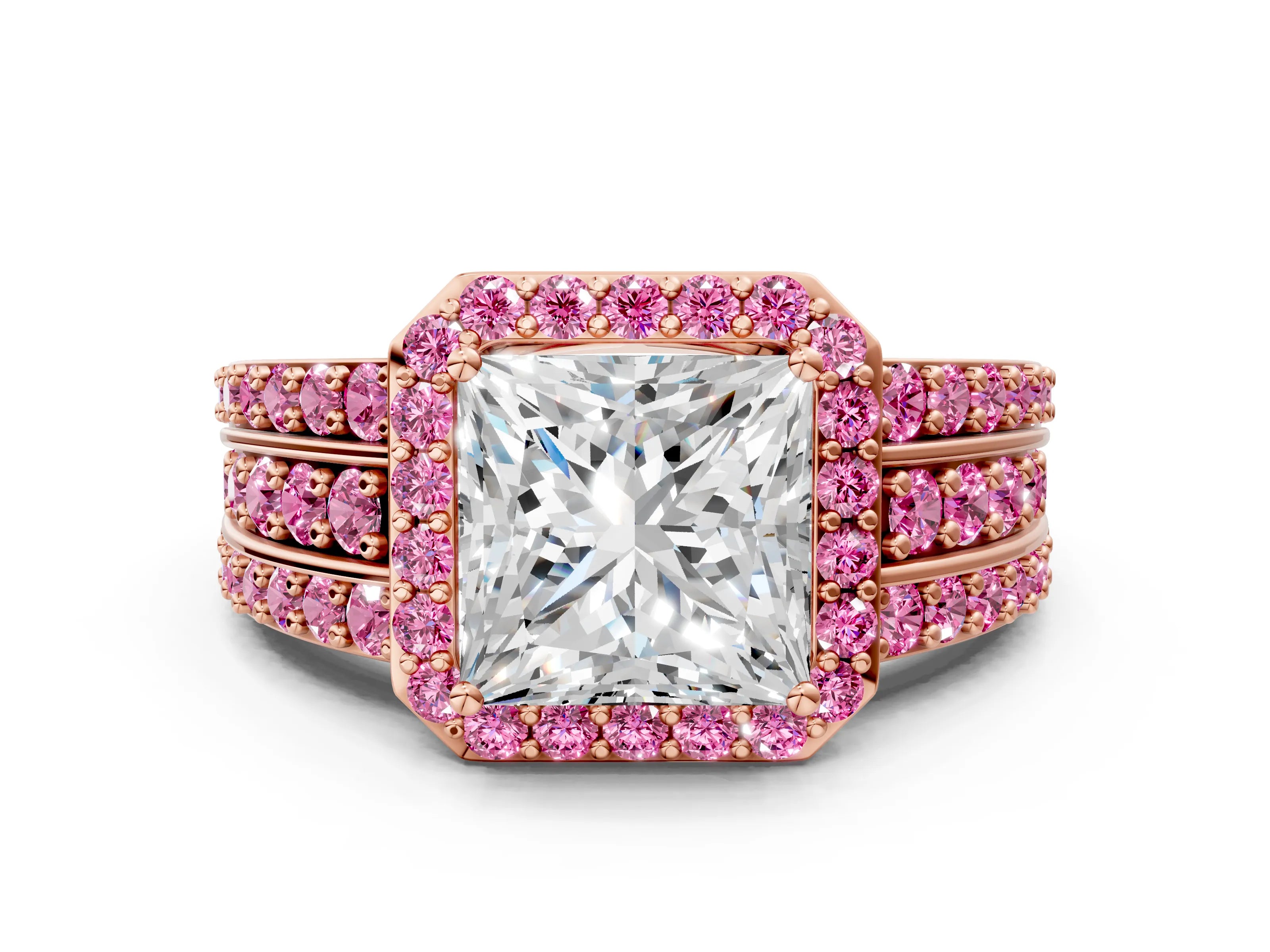 Rose gold Princess Cut Halo Diamond Ring with Round with Pink Sapphire side stone Split Shank and Prong Setting