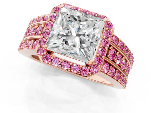 Rose gold Princess Cut Halo Diamond Ring with Round with Pink Sapphire side stone Split Shank and Prong Setting_1