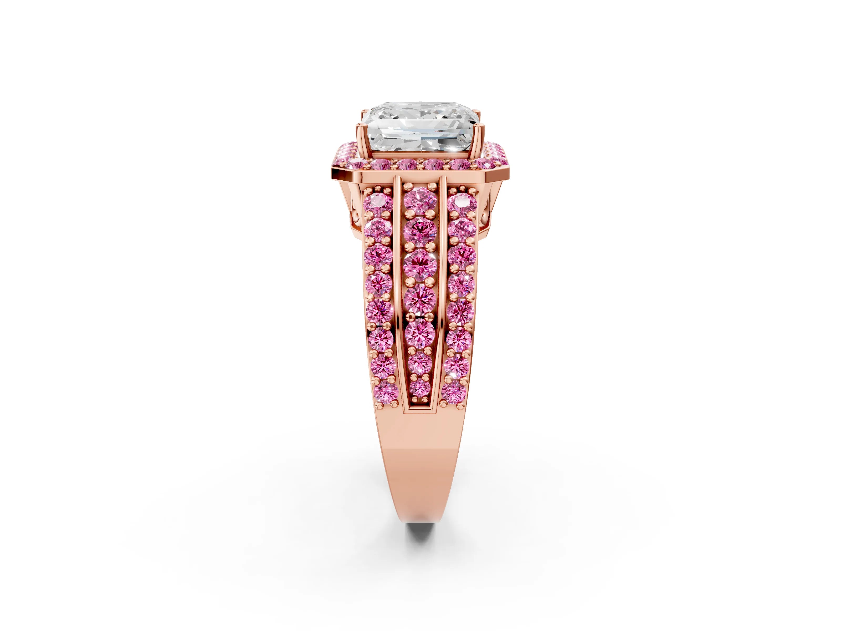 Rose gold Princess Cut Halo Diamond Ring with Round with Pink Sapphire side stone Split Shank and Prong Setting_2