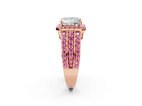 Rose gold Princess Cut Halo Diamond Ring with Round with Pink Sapphire side stone Split Shank and Prong Setting_2