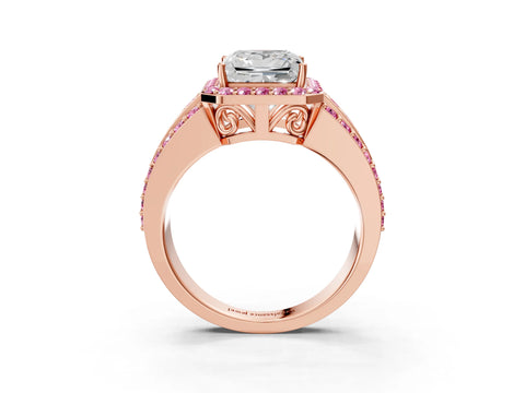 Rose gold Princess Cut Halo Diamond Ring with Round with Pink Sapphire side stone Split Shank and Prong Setting_3