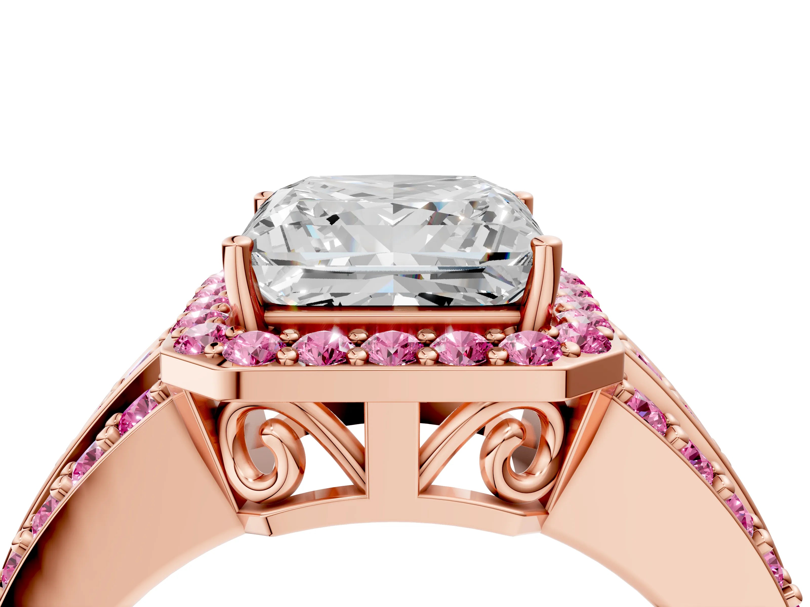 Rose gold Princess Cut Halo Diamond Ring with Round with Pink Sapphire side stone Split Shank and Prong Setting_4