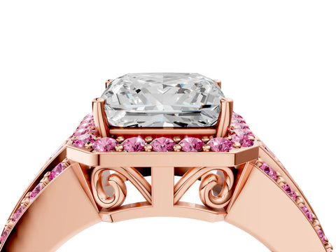 Rose gold Princess Cut Halo Diamond Ring with Round with Pink Sapphire side stone Split Shank and Prong Setting_4