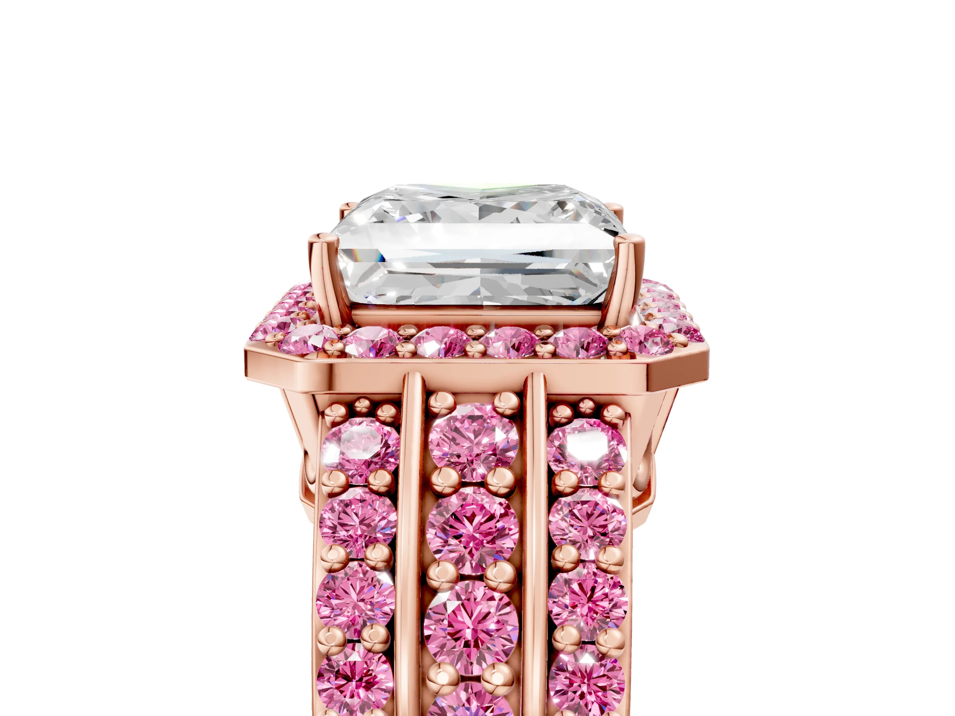 Rose gold Princess Cut Halo Diamond Ring with Round with Pink Sapphire side stone Split Shank and Prong Setting_5