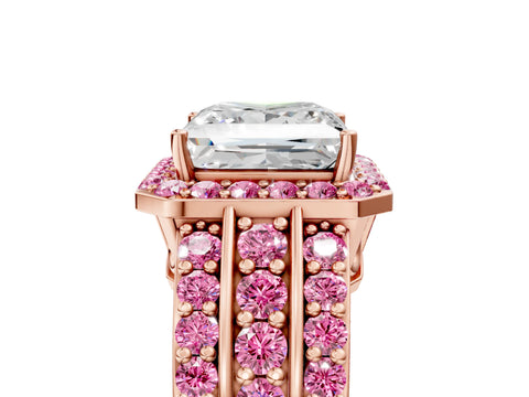 Rose gold Princess Cut Halo Diamond Ring with Round with Pink Sapphire side stone Split Shank and Prong Setting_5
