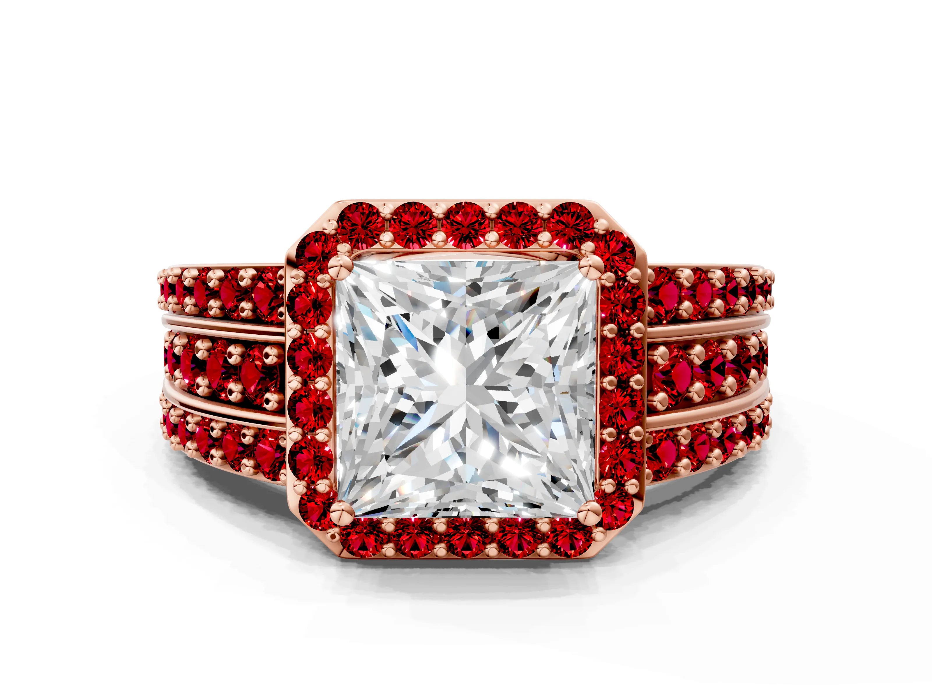 Rose gold Princess Cut Halo Diamond Ring with Round with Ruby side stone Split Shank and Prong Setting
