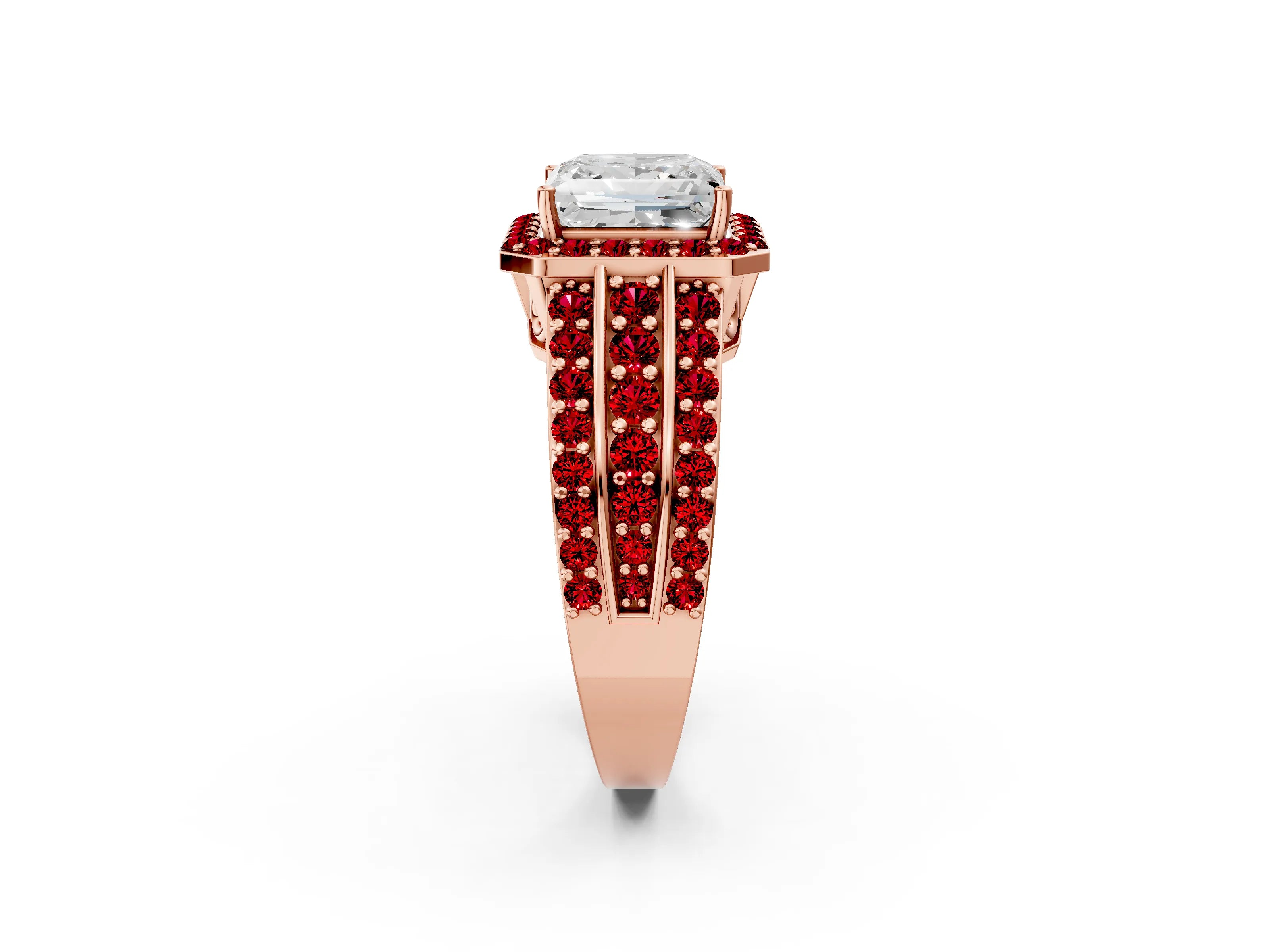 Rose gold Princess Cut Halo Diamond Ring with Round with Ruby side stone Split Shank and Prong Setting_2