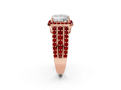 Rose gold Princess Cut Halo Diamond Ring with Round with Ruby side stone Split Shank and Prong Setting_2