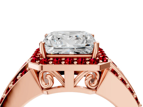 Rose gold Princess Cut Halo Diamond Ring with Round with Ruby side stone Split Shank and Prong Setting_4