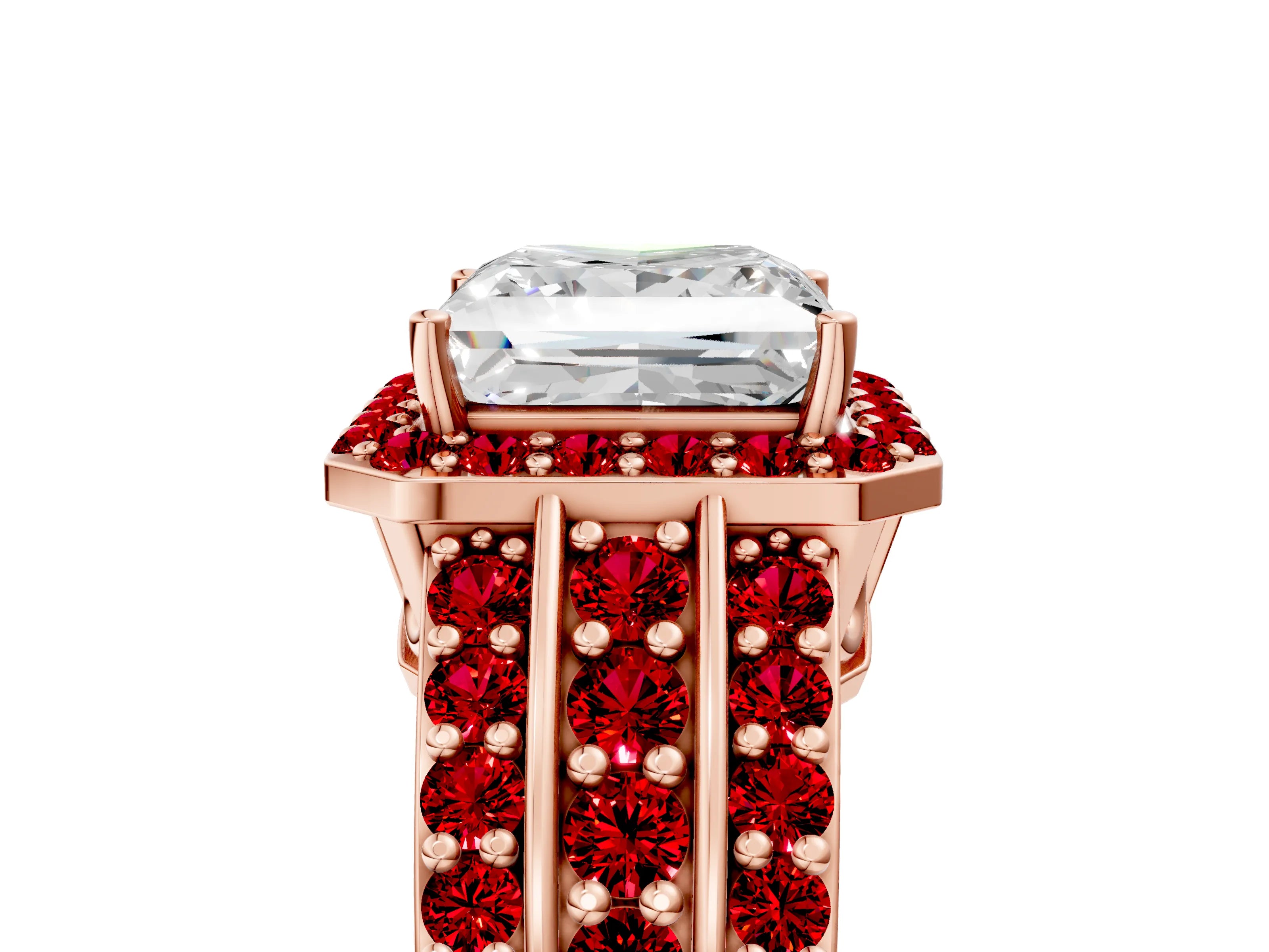 Rose gold Princess Cut Halo Diamond Ring with Round with Ruby side stone Split Shank and Prong Setting_5
