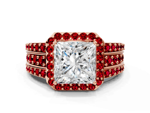 Rose gold Princess Cut Halo Diamond Ring with Round with Ruby side stone Split Shank and Prong Setting