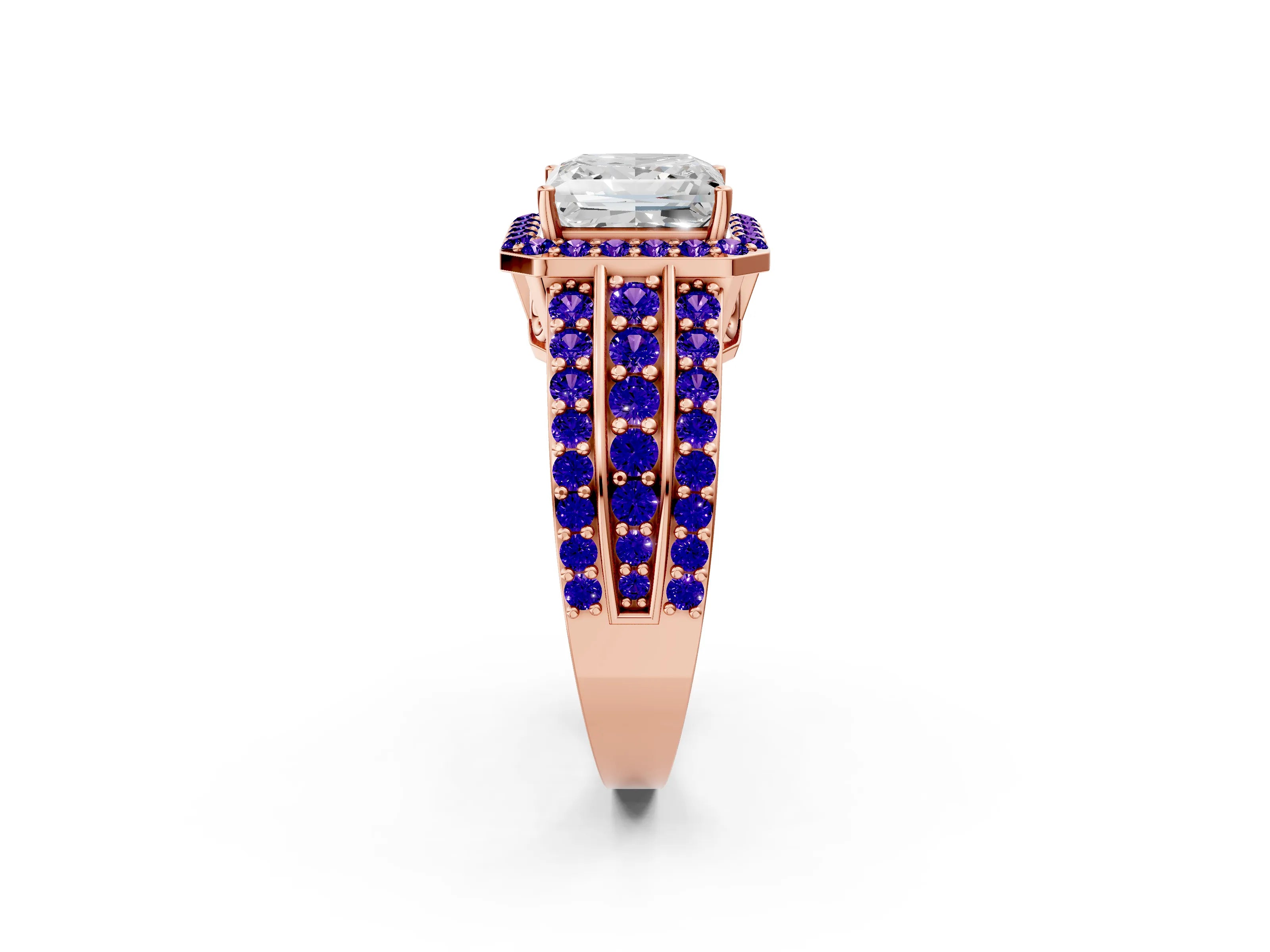 Rose gold Princess Cut Halo Diamond Ring with Round with Tanzanite side stone Split Shank and Prong Setting_2