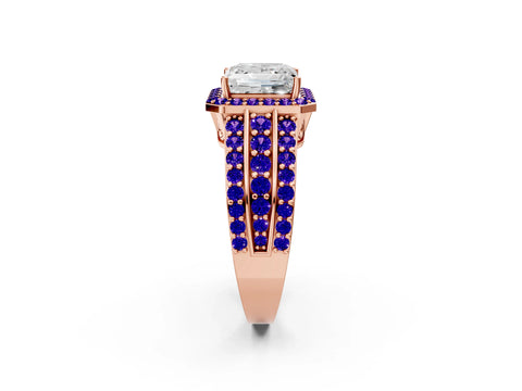 Rose gold Princess Cut Halo Diamond Ring with Round with Tanzanite side stone Split Shank and Prong Setting_2