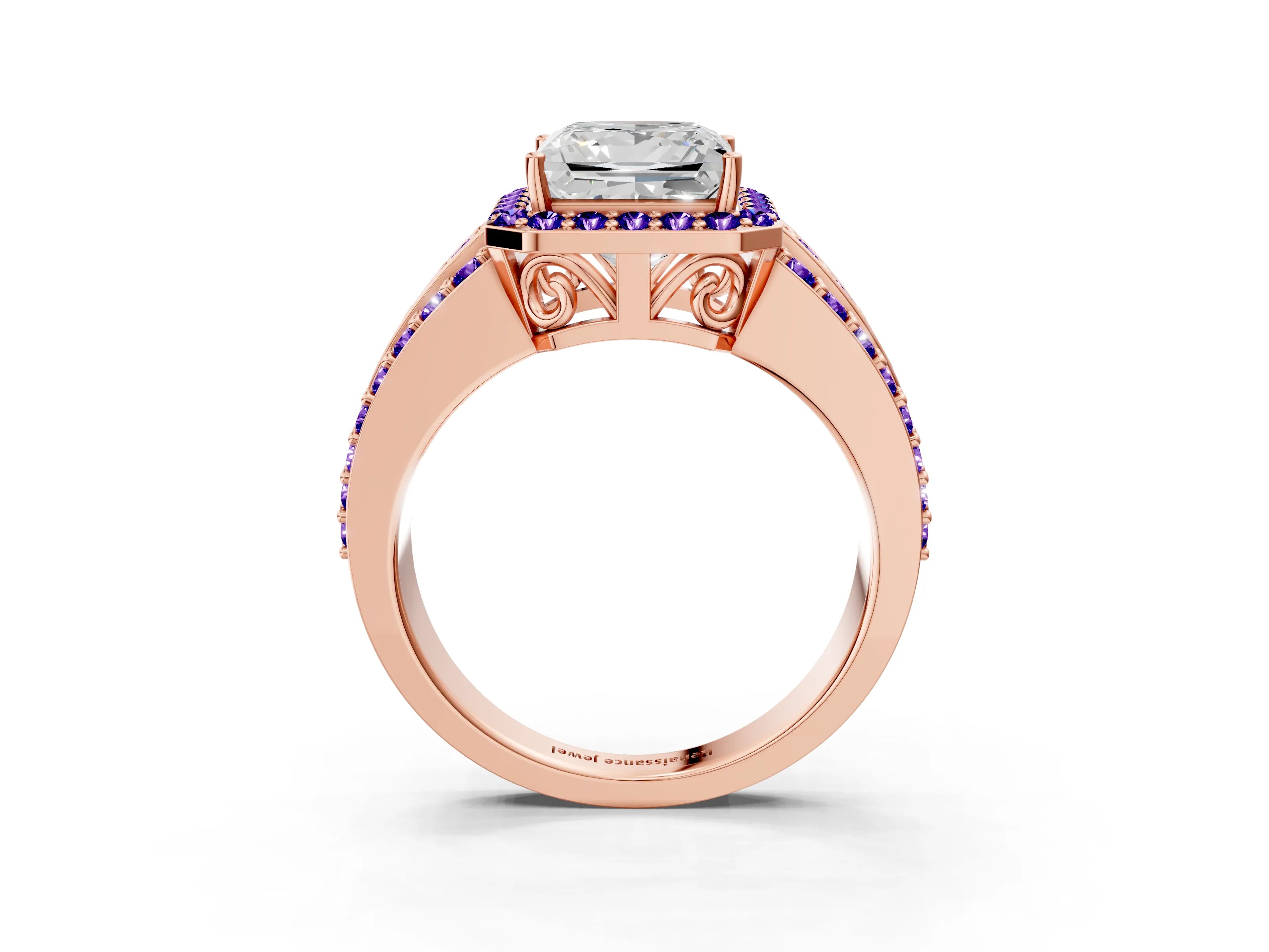 Rose gold Princess Cut Halo Diamond Ring with Round with Tanzanite side stone Split Shank and Prong Setting_3
