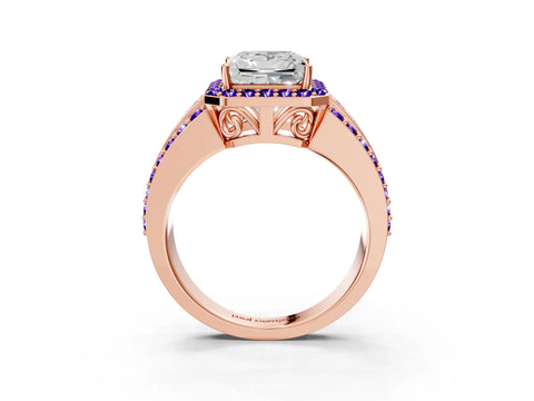 Rose gold Princess Cut Halo Diamond Ring with Round with Tanzanite side stone Split Shank and Prong Setting_3