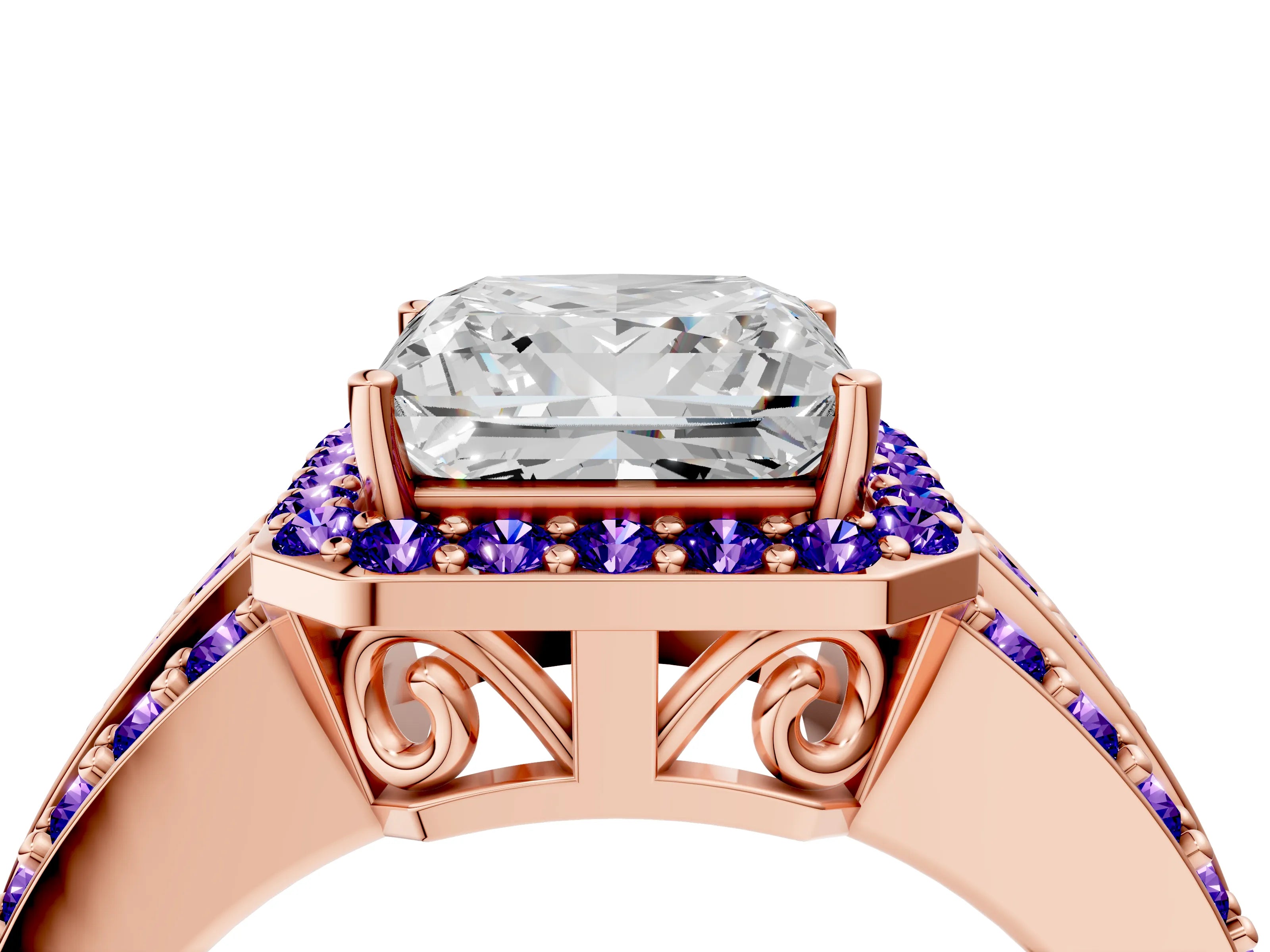 Rose gold Princess Cut Halo Diamond Ring with Round with Tanzanite side stone Split Shank and Prong Setting_4