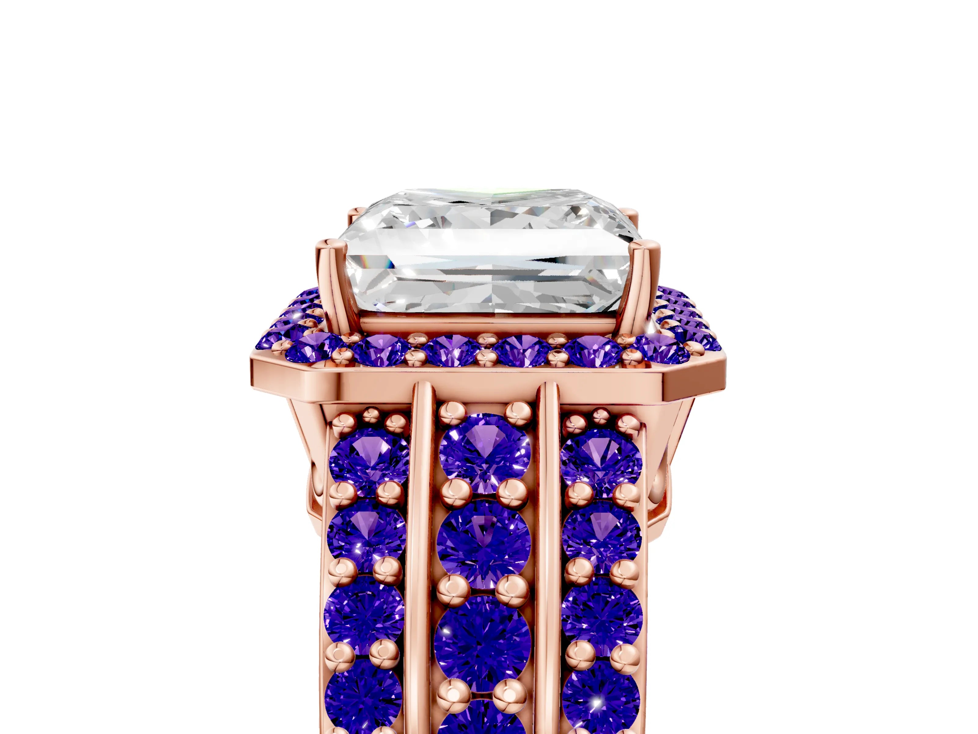 Rose gold Princess Cut Halo Diamond Ring with Round with Tanzanite side stone Split Shank and Prong Setting_5