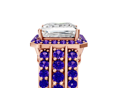 Rose gold Princess Cut Halo Diamond Ring with Round with Tanzanite side stone Split Shank and Prong Setting_5