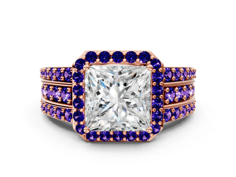 Rose gold Princess Cut Halo Diamond Ring with Round with Tanzanite side stone Split Shank and Prong Setting