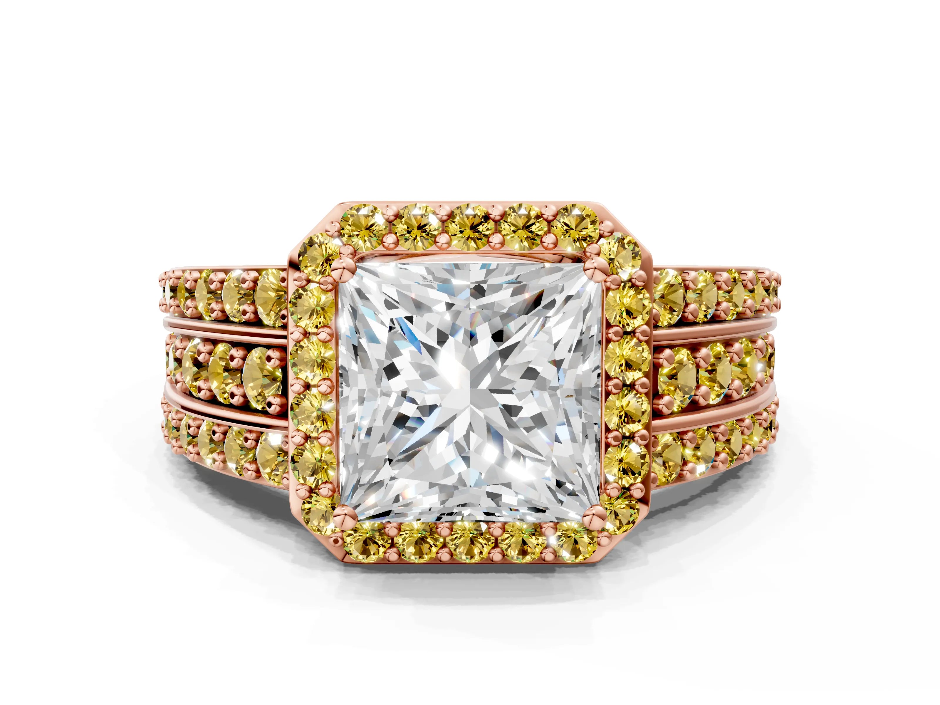 Rose gold Princess Cut Halo Diamond Ring with Round with Yellow Sapphire side stone Split Shank and Prong Setting