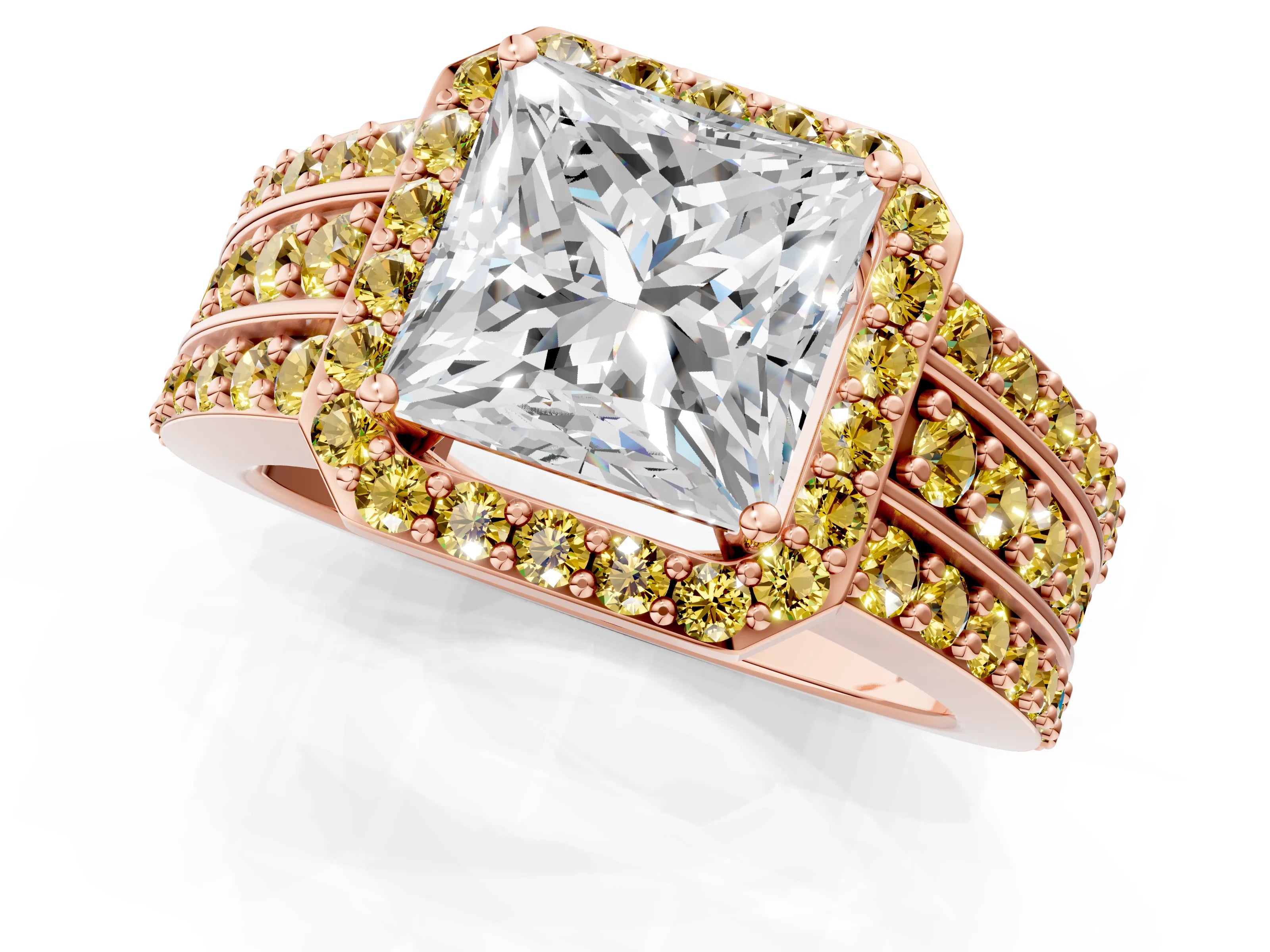 Rose gold Princess Cut Halo Diamond Ring with Round with Yellow Sapphire side stone Split Shank and Prong Setting_1