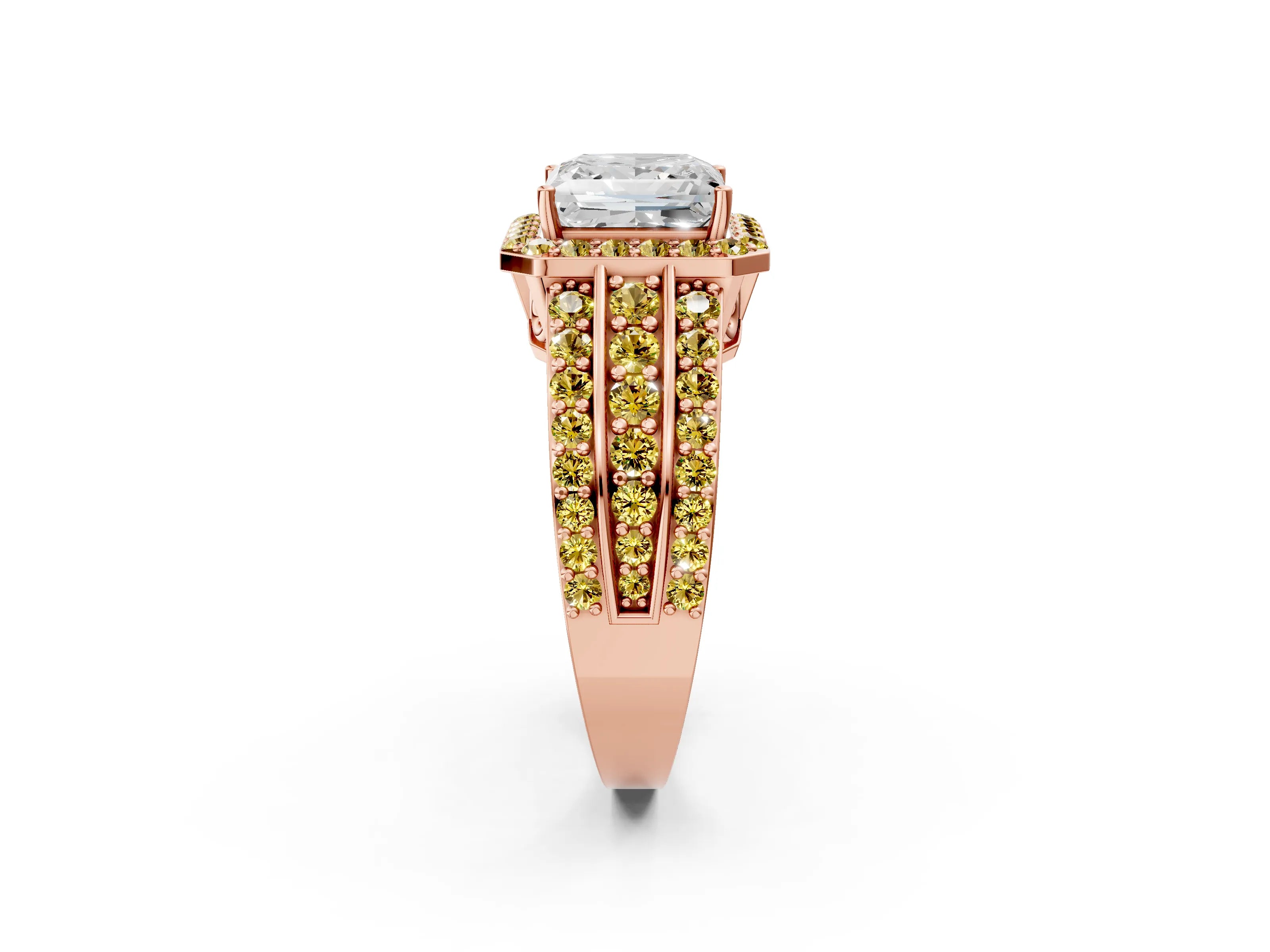 Rose gold Princess Cut Halo Diamond Ring with Round with Yellow Sapphire side stone Split Shank and Prong Setting_2
